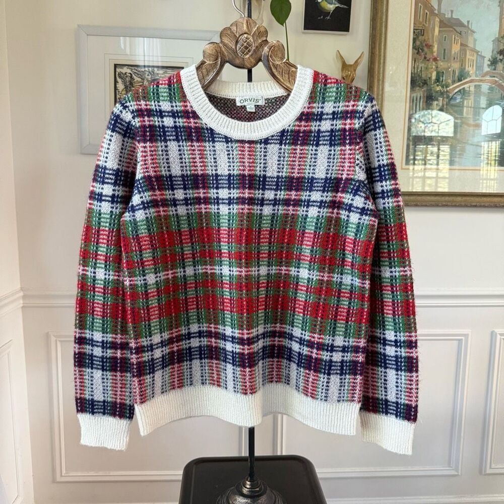 Orvis Wool Mohair Blend Plaid Sweater Red Blue Green M